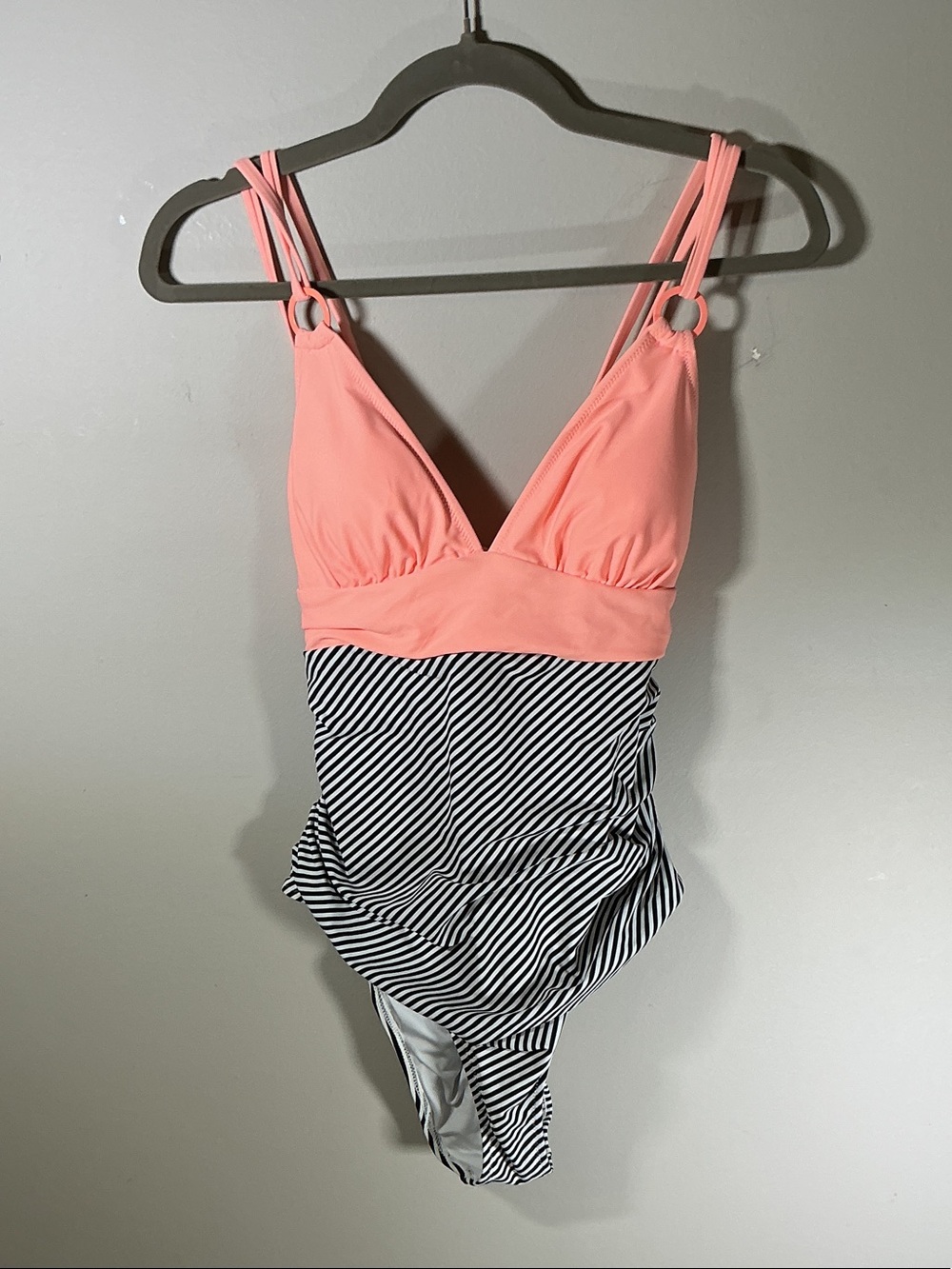 Cupshe One Piece Swimsuit Peach & Black White Striped Ruched Size Large NWT